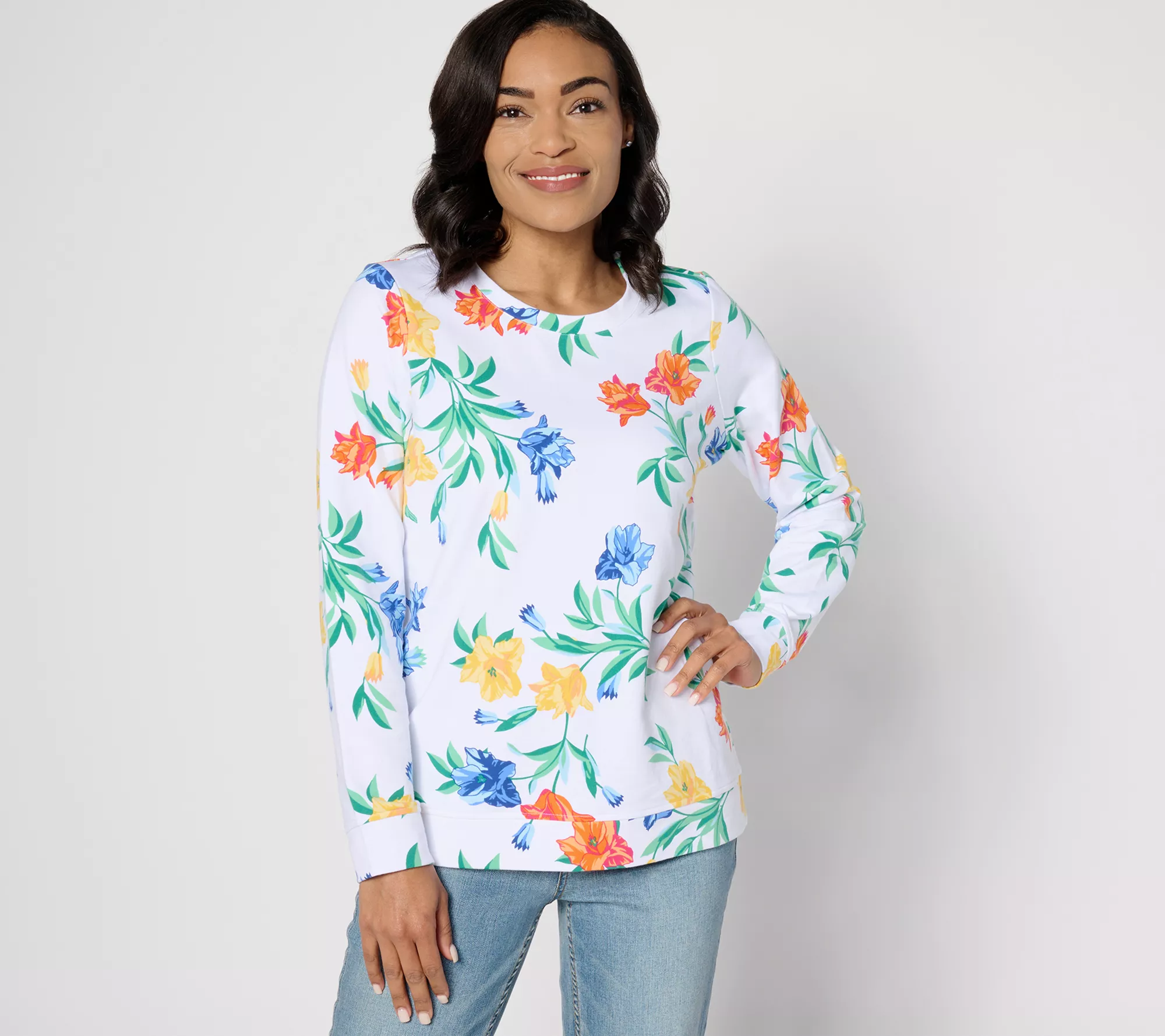 "As Is" Denim & Co. Floral French Terry Long Sleeve Pullover