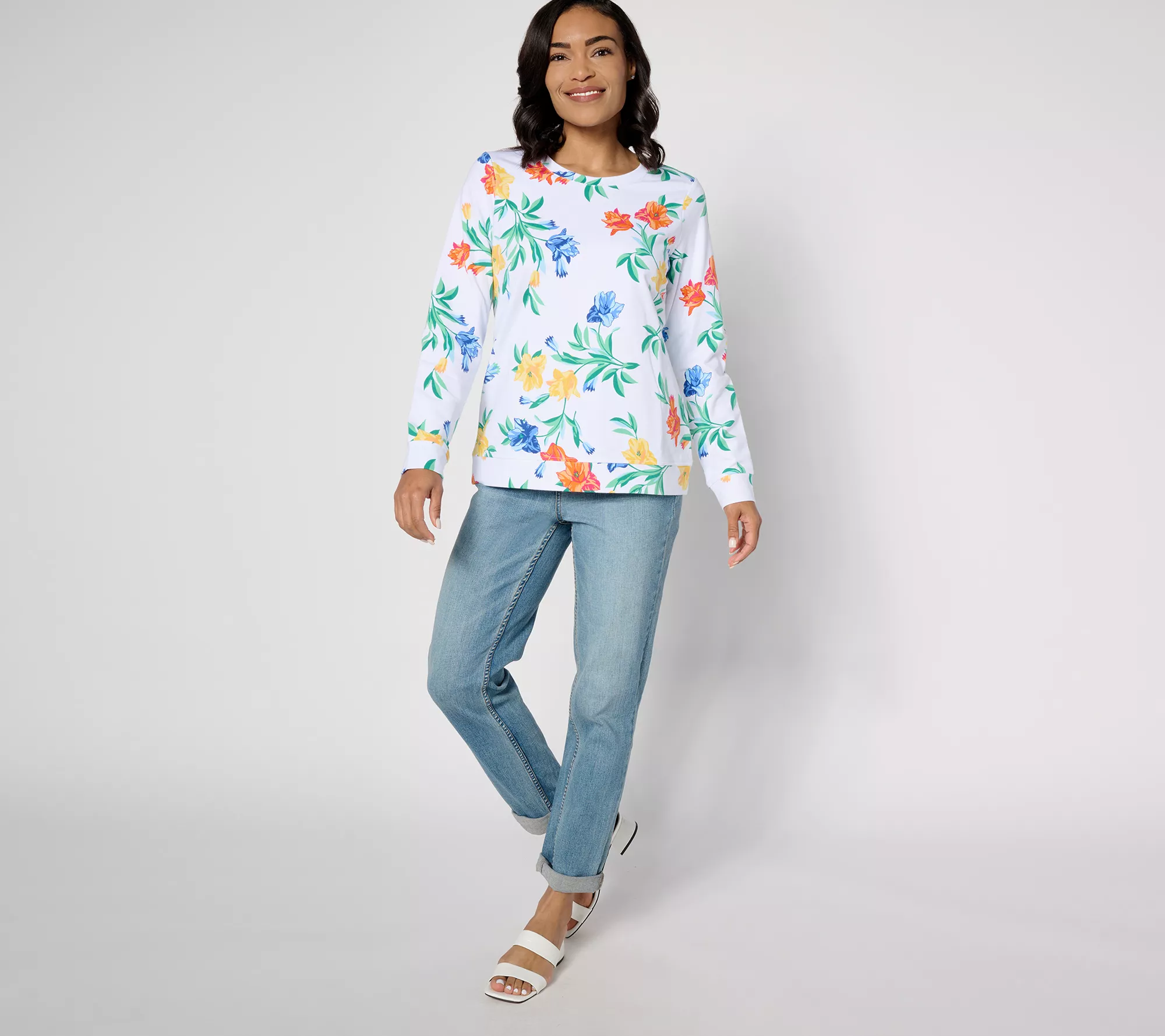 "As Is" Denim & Co. Floral French Terry Long Sleeve Pullover