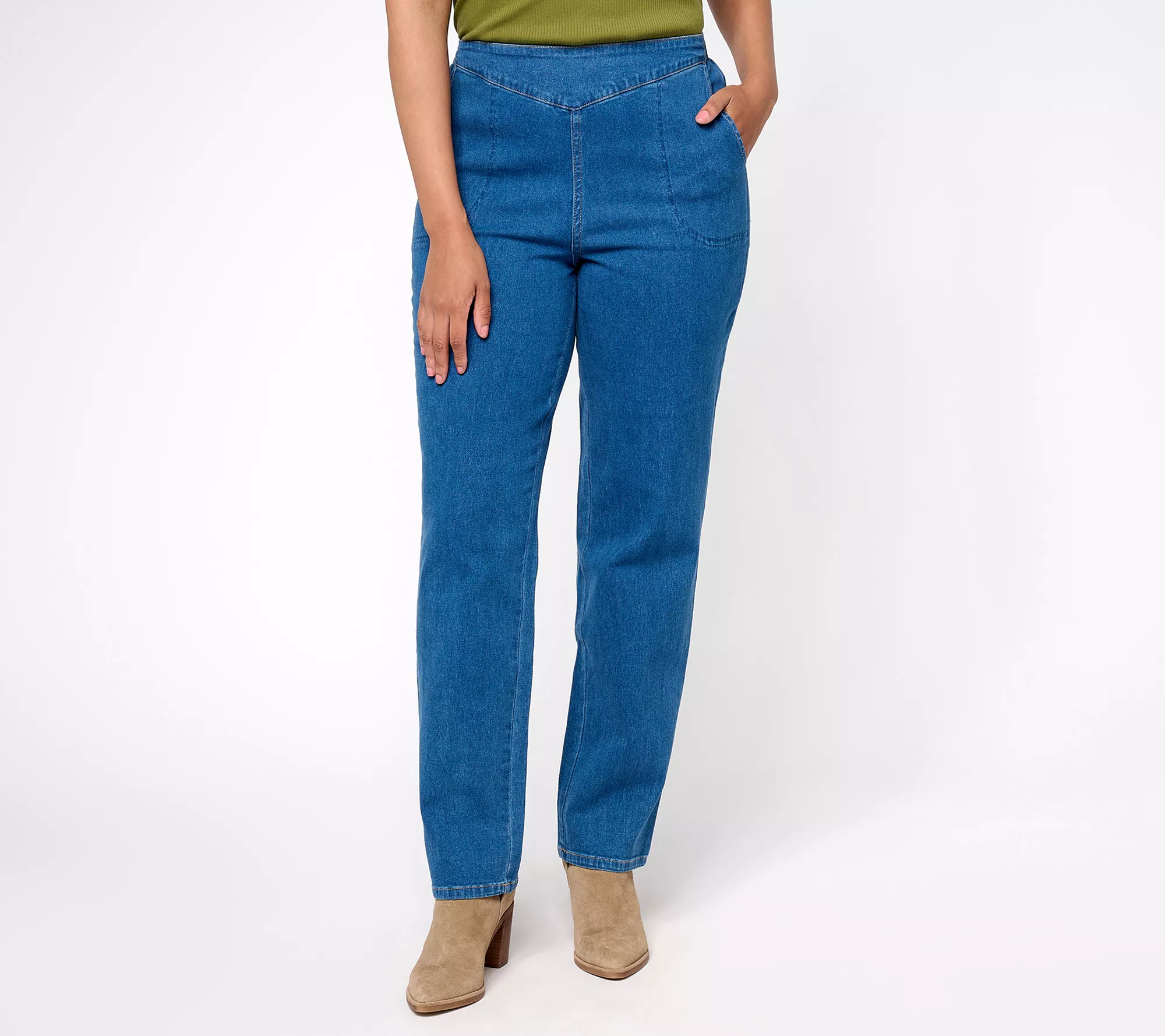 "As Is" Denim & Co. Pull On Front V-Yoke Petite Jeans with Pockets