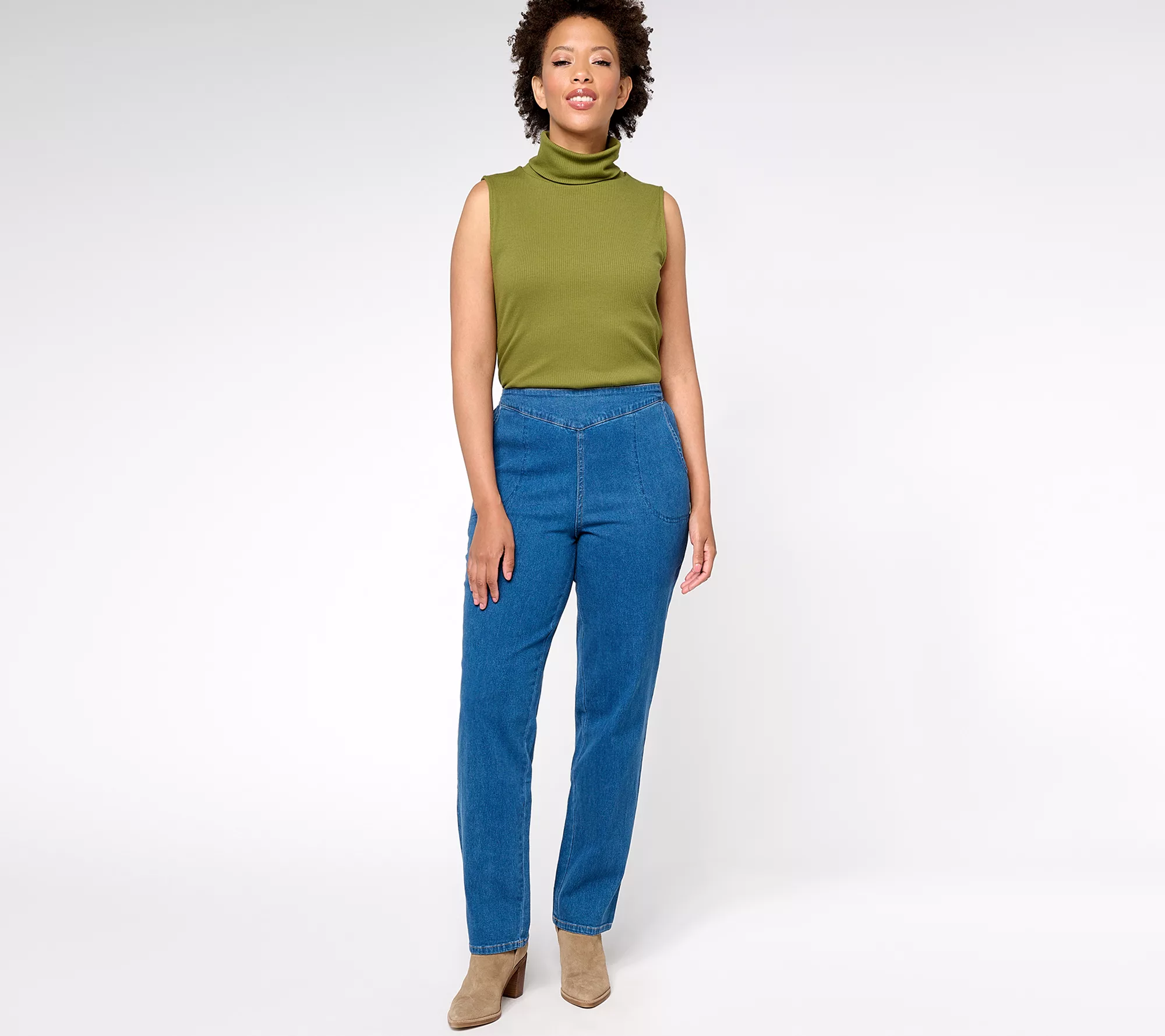 "As Is" Denim & Co. Pull On Front V-Yoke Petite Jeans with Pockets