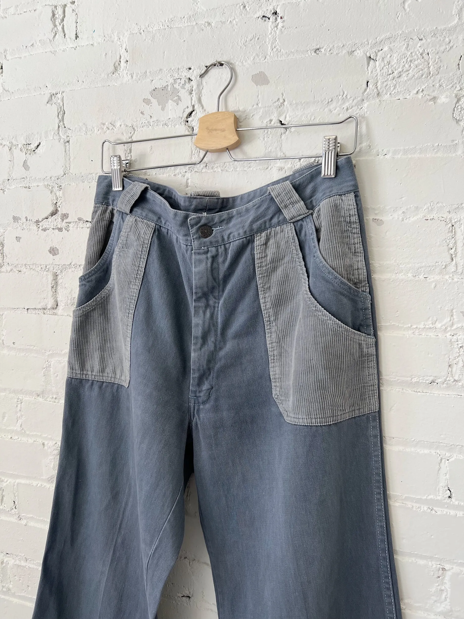 70s Faded Glory Dusty Blue Flare Leg Pants w/Corduroy Accents, Size 8-10-