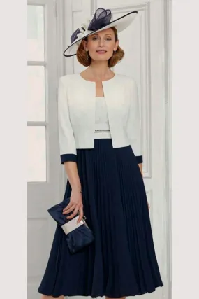 A-Line Pleated Skirt Dress & Jacket - Cream/Navy - 71141-04