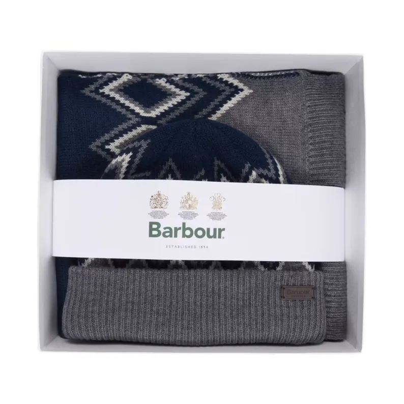 BARBOUR ELWICK FAIR ISLE BEANIE & SCARF GIFT SET MGS0049 - Navy