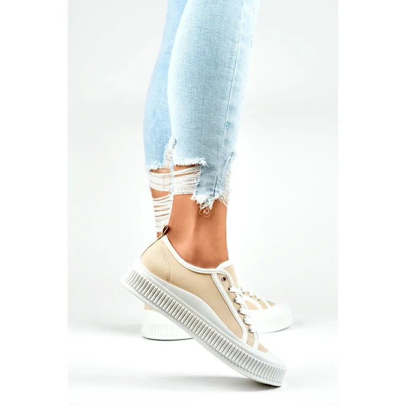 Beige women's sneakers with a white sole