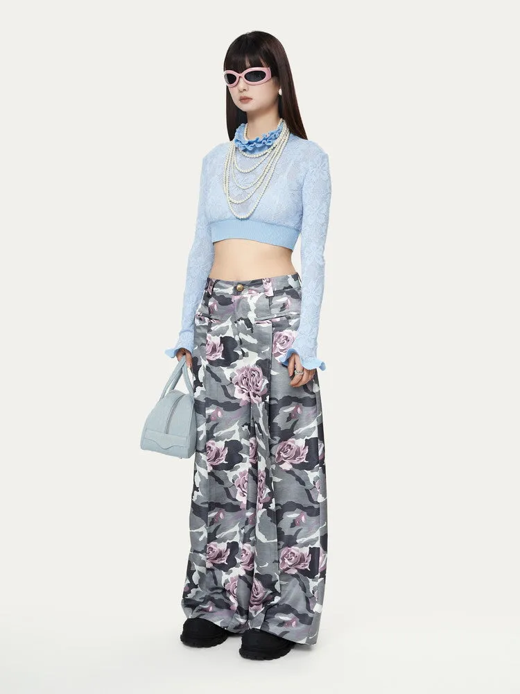 Camouflage Flower High-Waist Speckled Rose Nichi Wide-Pants