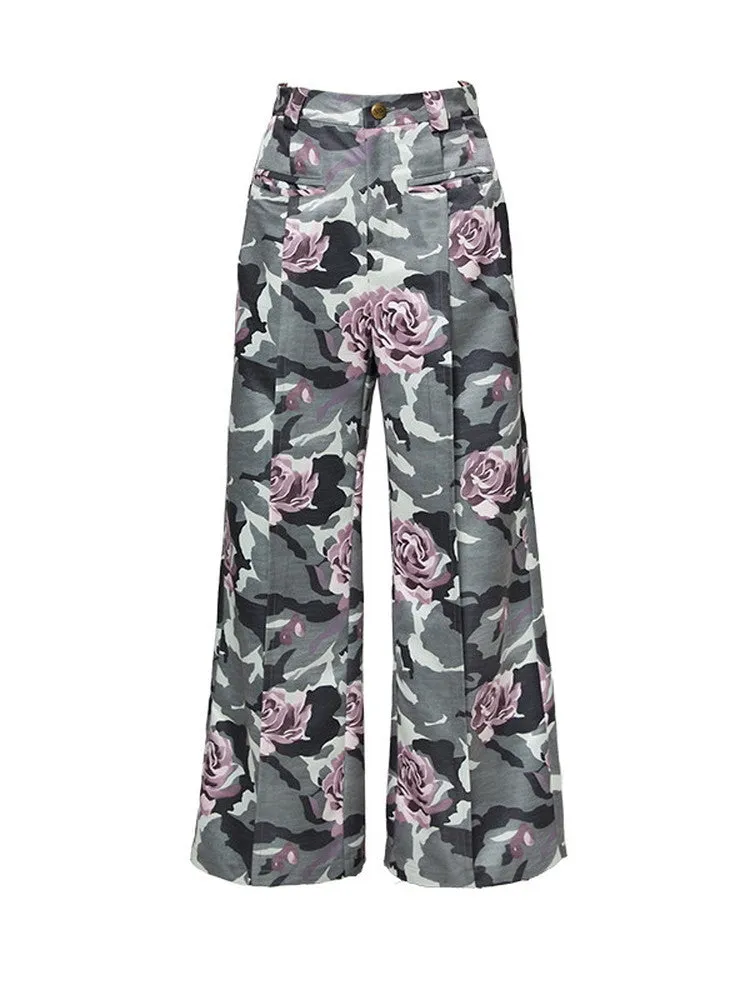 Camouflage Flower High-Waist Speckled Rose Nichi Wide-Pants