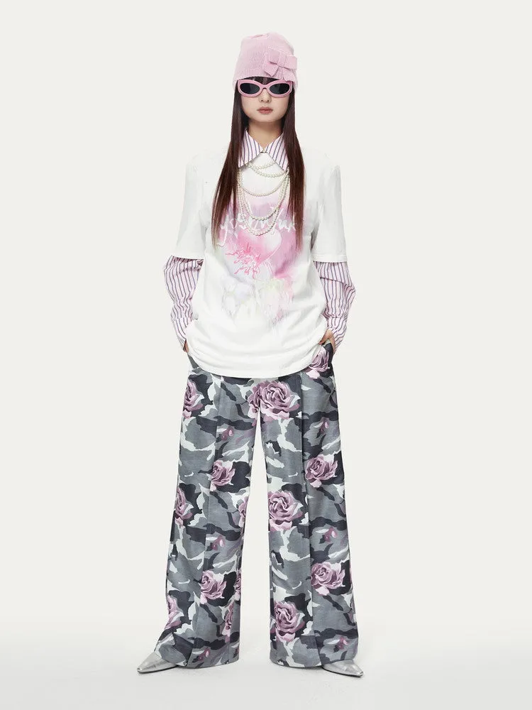 Camouflage Flower High-Waist Speckled Rose Nichi Wide-Pants