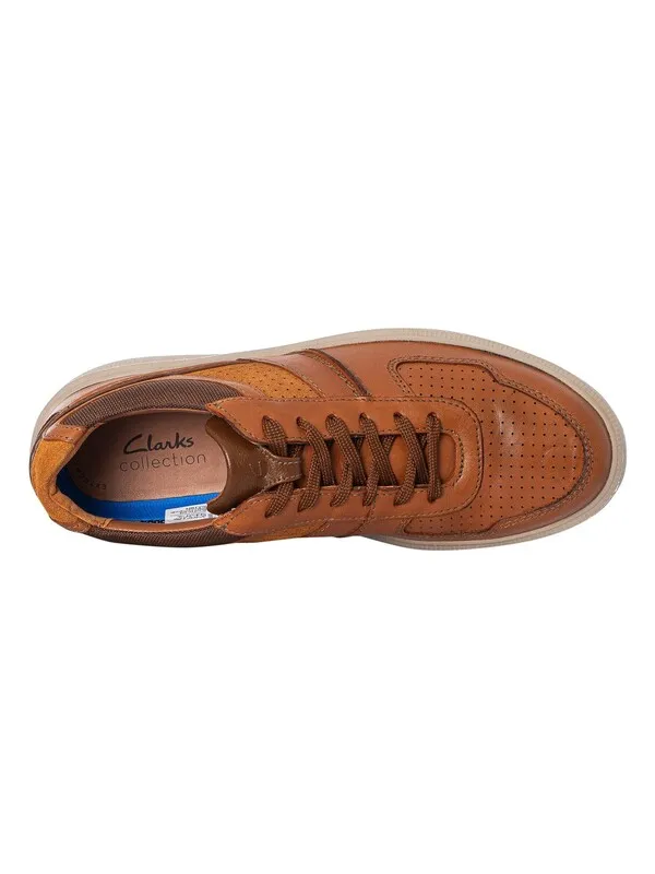 Clarks Cambro Race Leather Trainers - Dark Tan