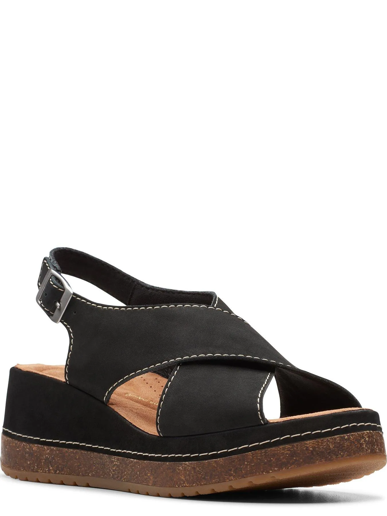 Clarks Kassanda Step Cross Front Nubuck Wedged Sandals - Black