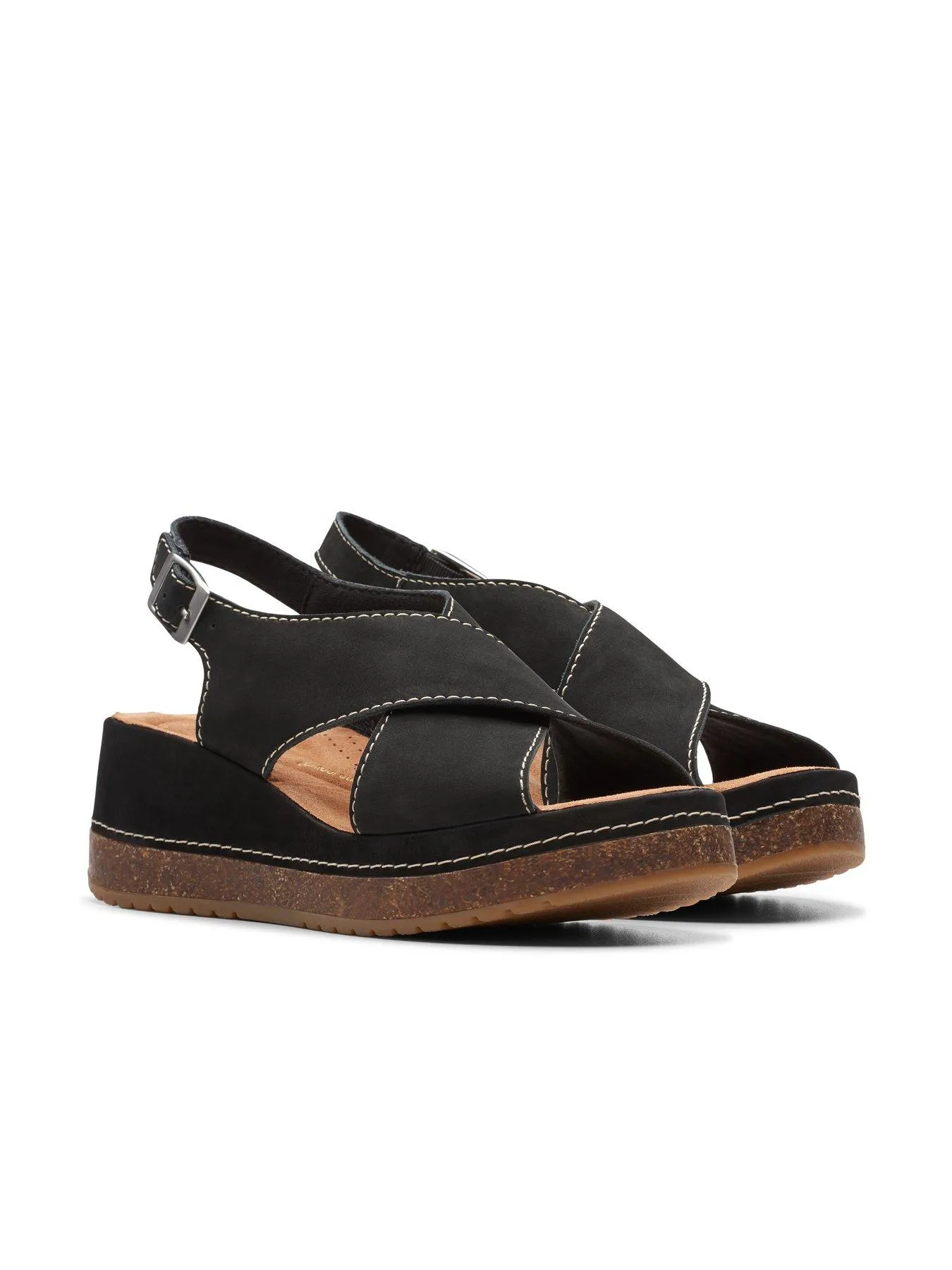 Clarks Kassanda Step Cross Front Nubuck Wedged Sandals - Black