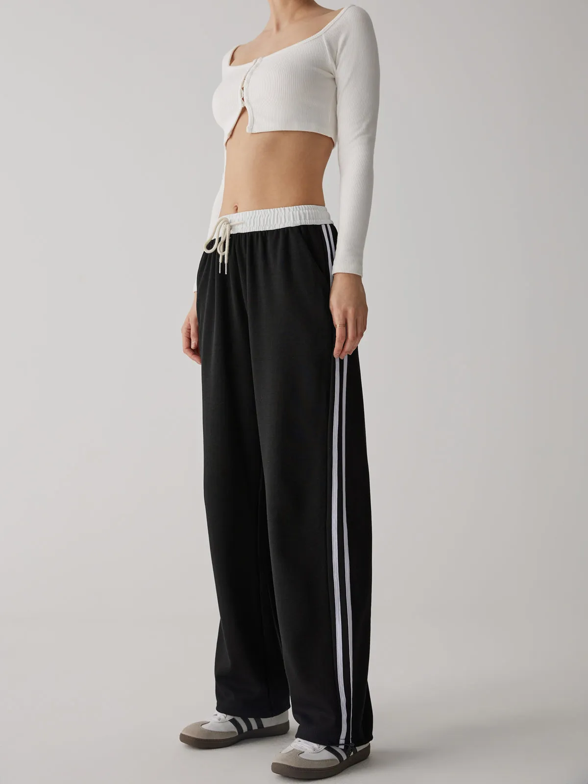 Contrast Waist Wide Leg Pants