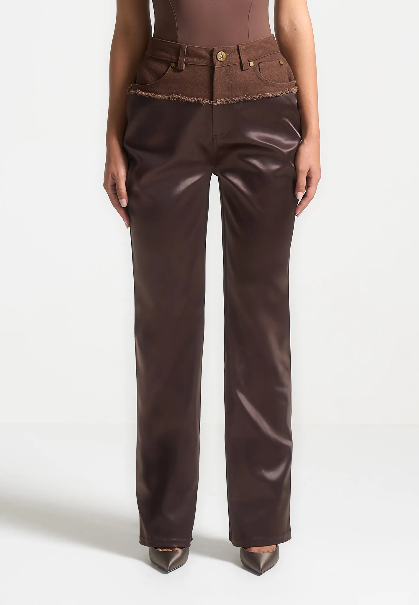 Distressed Drill & Satin Trousers - Brown