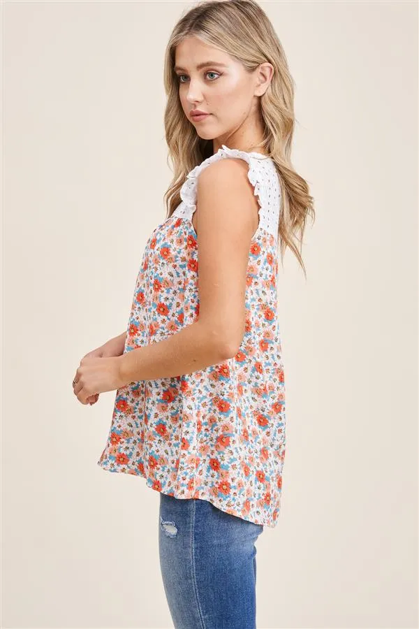 EYELET & FLORAL SLEEVELESS TOP