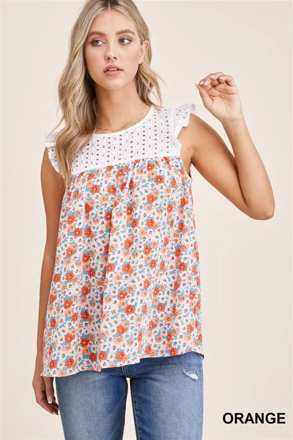 EYELET & FLORAL SLEEVELESS TOP