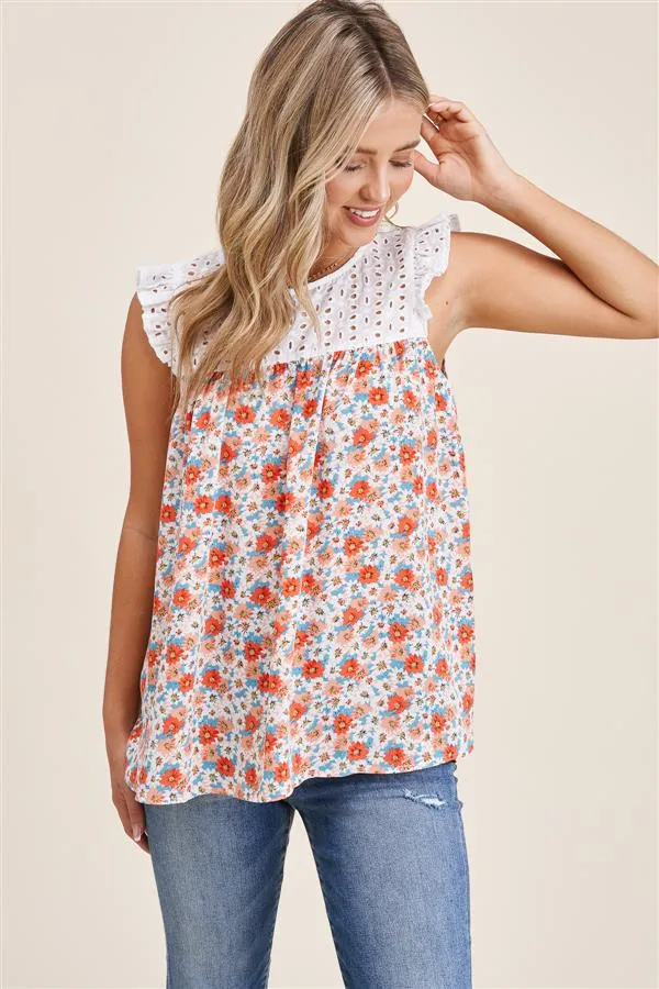 EYELET & FLORAL SLEEVELESS TOP