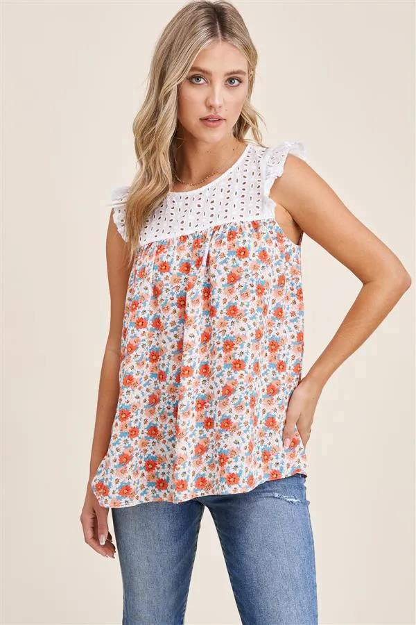 EYELET & FLORAL SLEEVELESS TOP