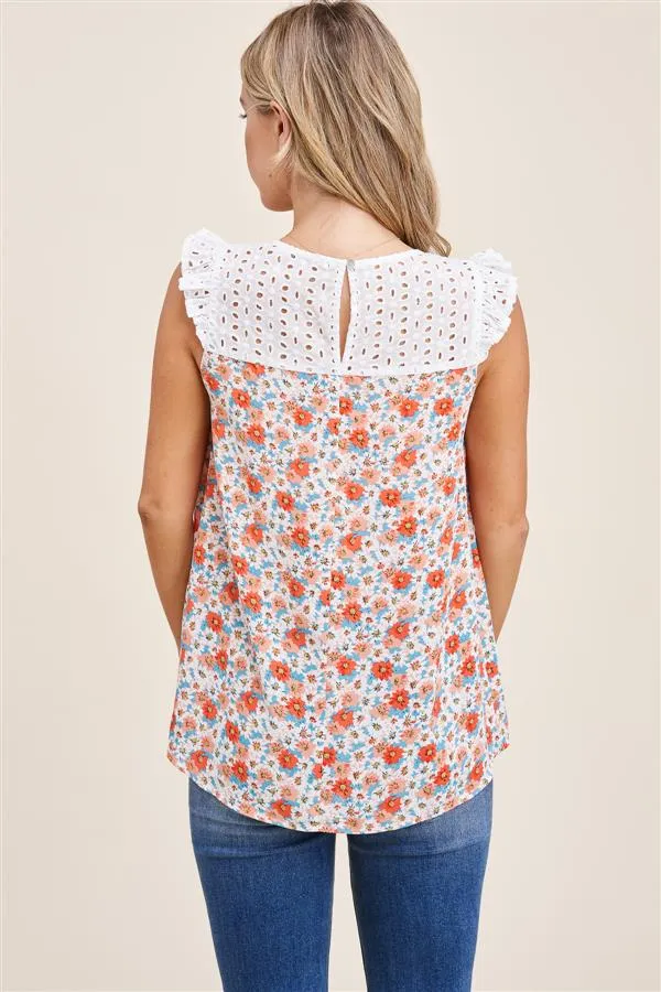 EYELET & FLORAL SLEEVELESS TOP