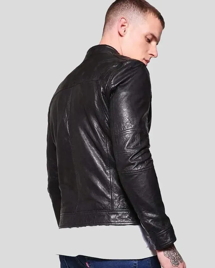 Ferd Black Slim Fit Leather Racer Jacket