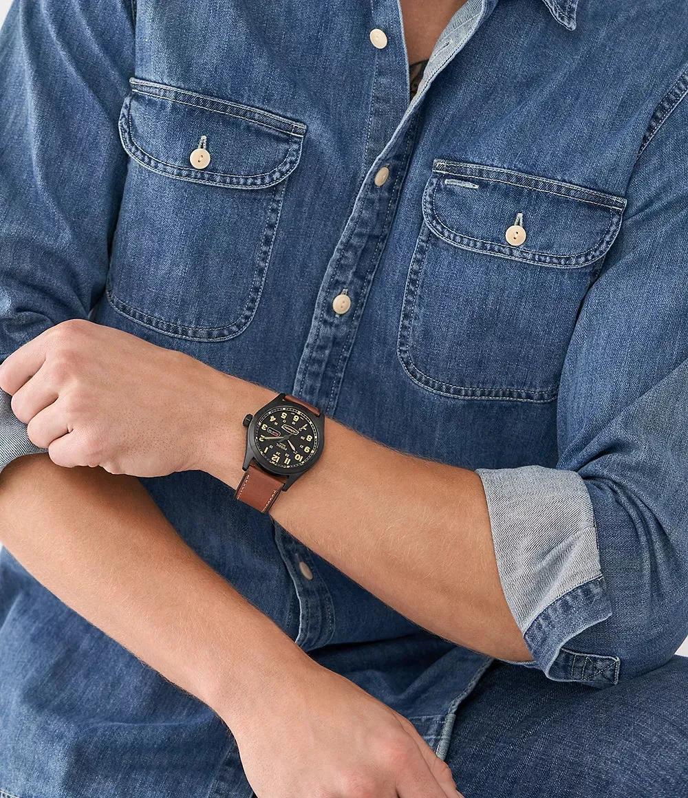 Fossil Defender Solar-Powered Luggage Leather Watch