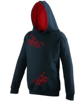 Fox on a bike kids hoodie, navy/red