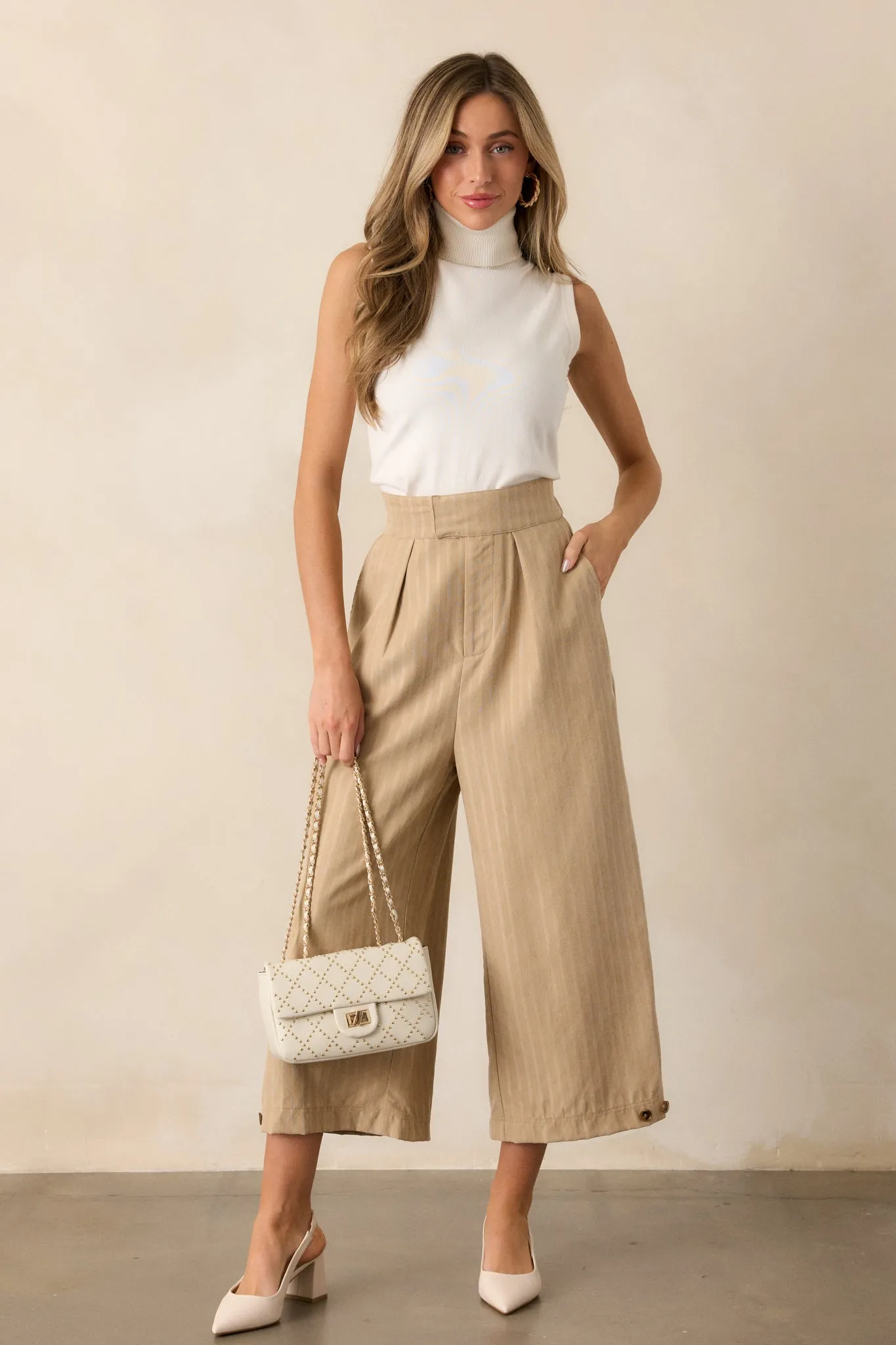 Get With It Tan Pinstripe Cropped Wide Leg Pants