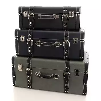 Harvey Makin Set of 3 Leatherette Luggage Boxes - Black, Grey & Navy | Kaleidoscope