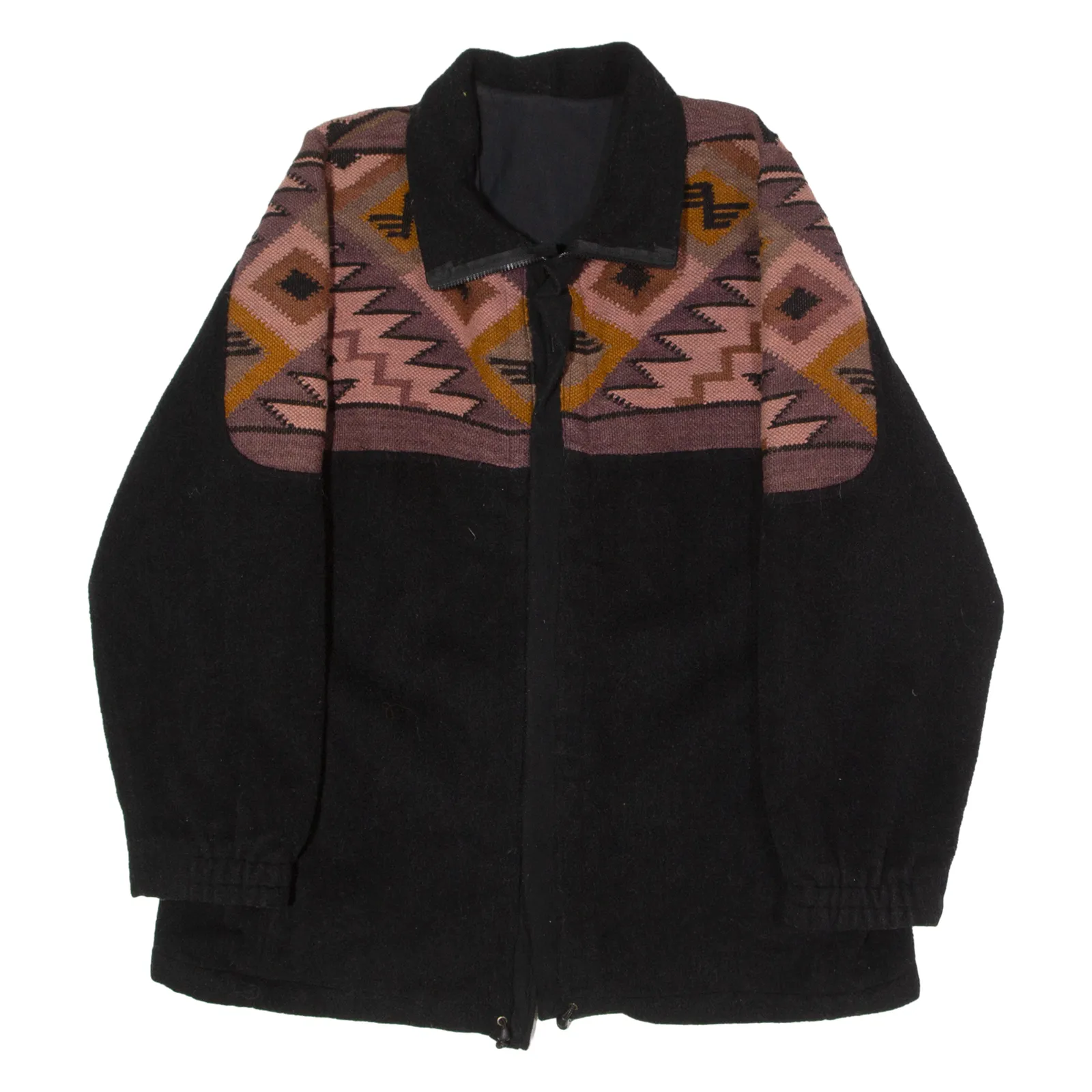 INCAS Peruvian Mens Fleece Jacket Black Wool 90s Geometric XL