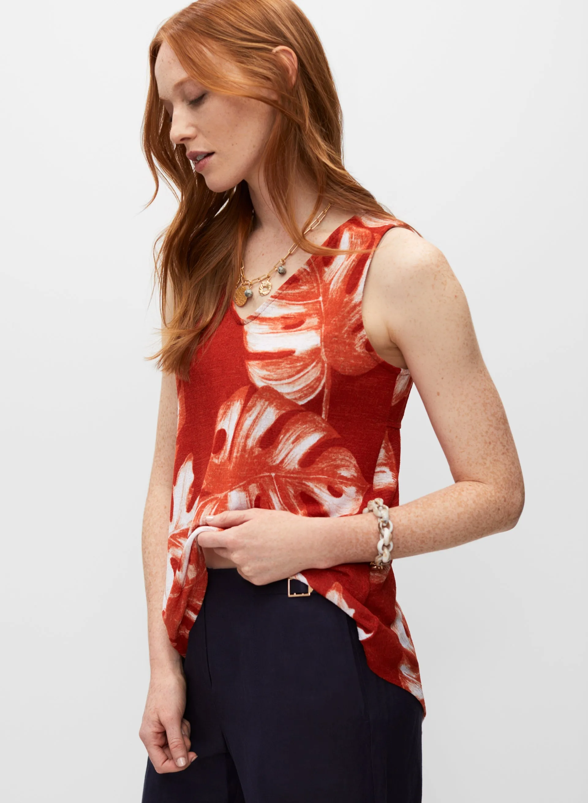 Leaf Print Sleeveless Top