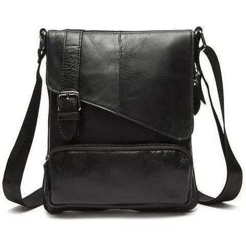 Men Black Natural Leather Shoulder Bag with a Belt Buckle Flap Closure - Leather Skin Shop