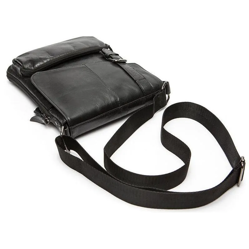 Men Black Natural Leather Shoulder Bag with a Belt Buckle Flap Closure - Leather Skin Shop