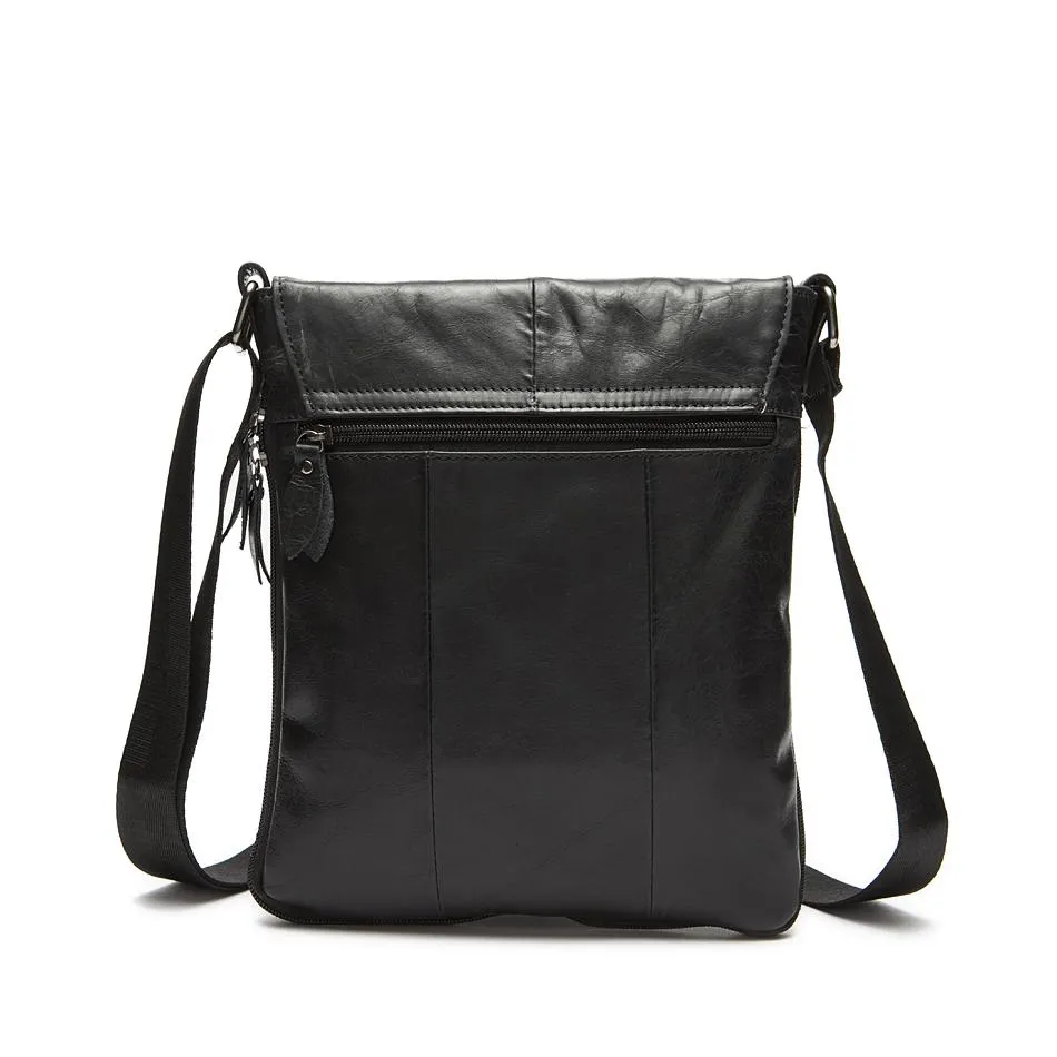 Men Black Natural Leather Shoulder Bag with a Belt Buckle Flap Closure - Leather Skin Shop