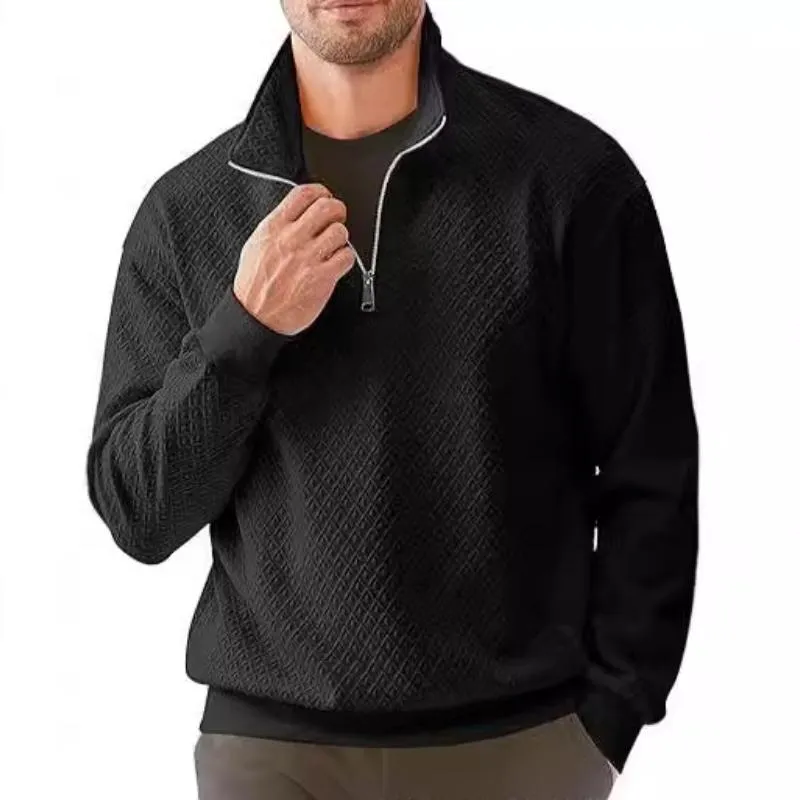 Men's Casual Zipper Stand Collar Geometric Texture Long Sleeve Pullover Sweatshirt 78923866M