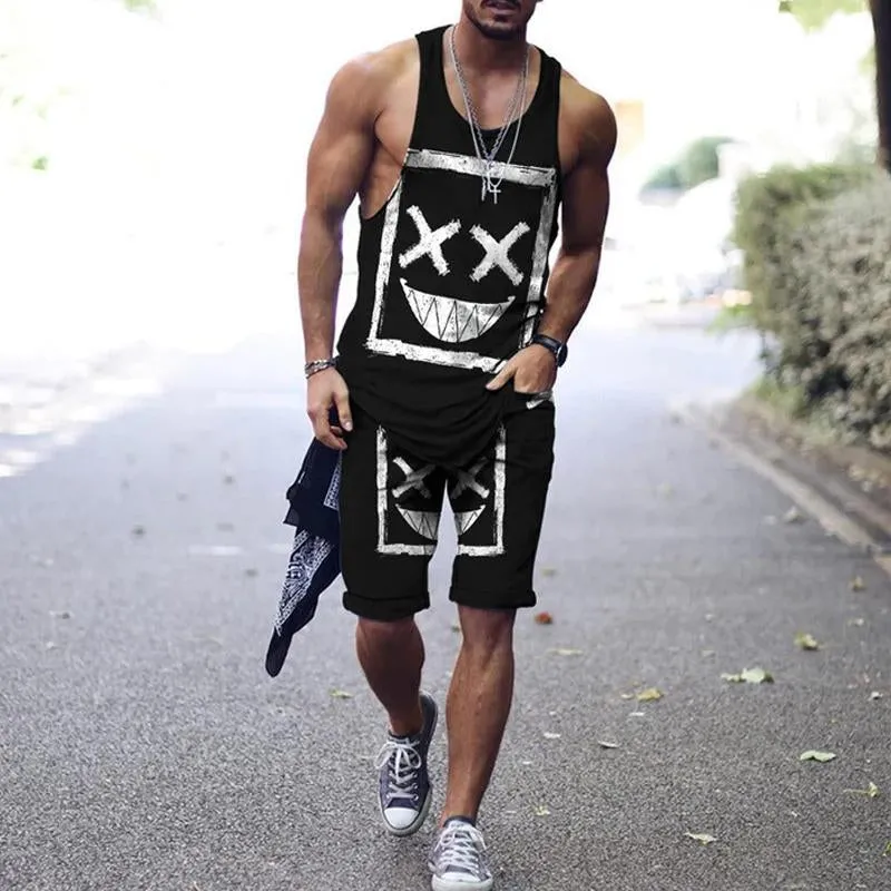 Men's Printed Casual Vest Shorts Two-piece Set 84089015X