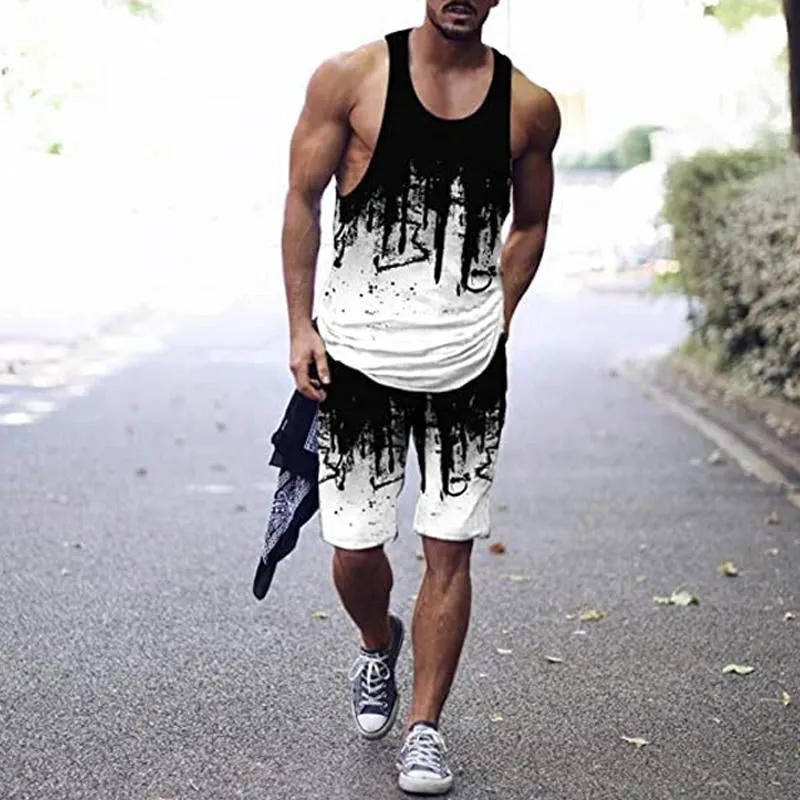 Men's Printed Casual Vest Shorts Two-piece Set 84089015X