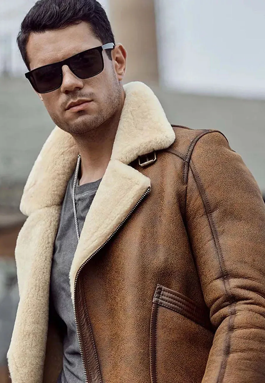 Men’s Tan Brown Leather Shearling Jacket