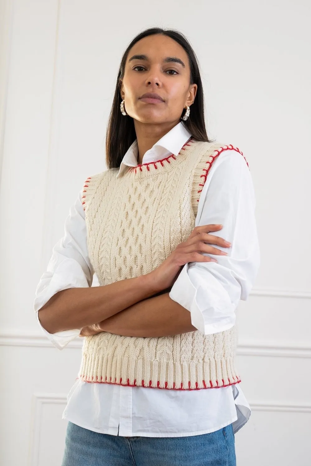 Mercer Aran Vest in Ecru with Red