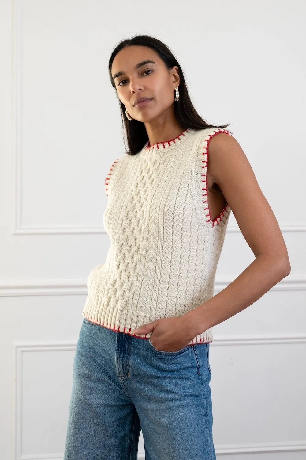 Mercer Aran Vest in Ecru with Red