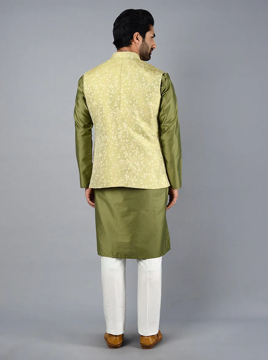 Moss Green Self Design Regular Fit Bandhgala Jacket | Azania