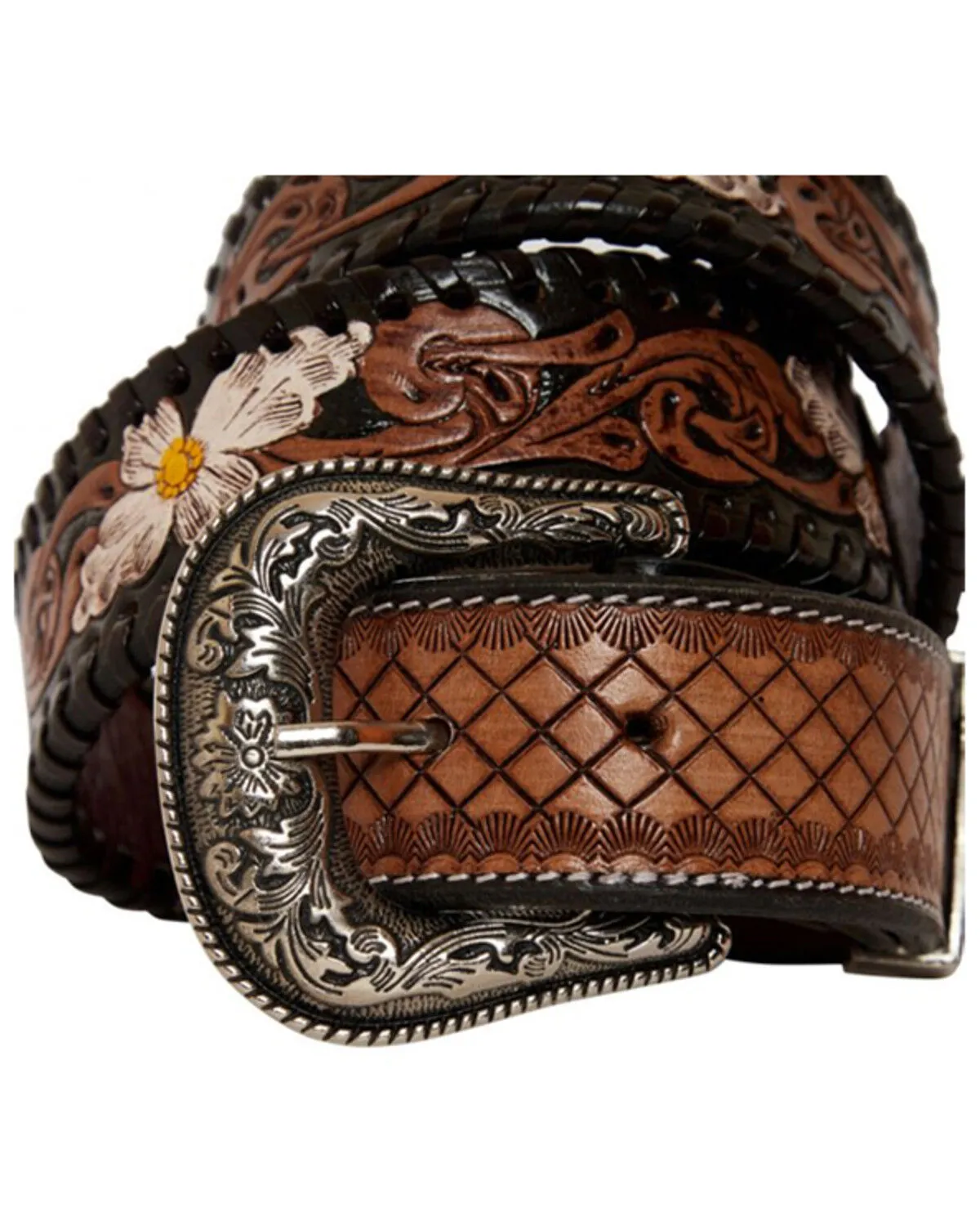 Myra Bag Women's Checkered Brown Hand Tooled Leather Belt