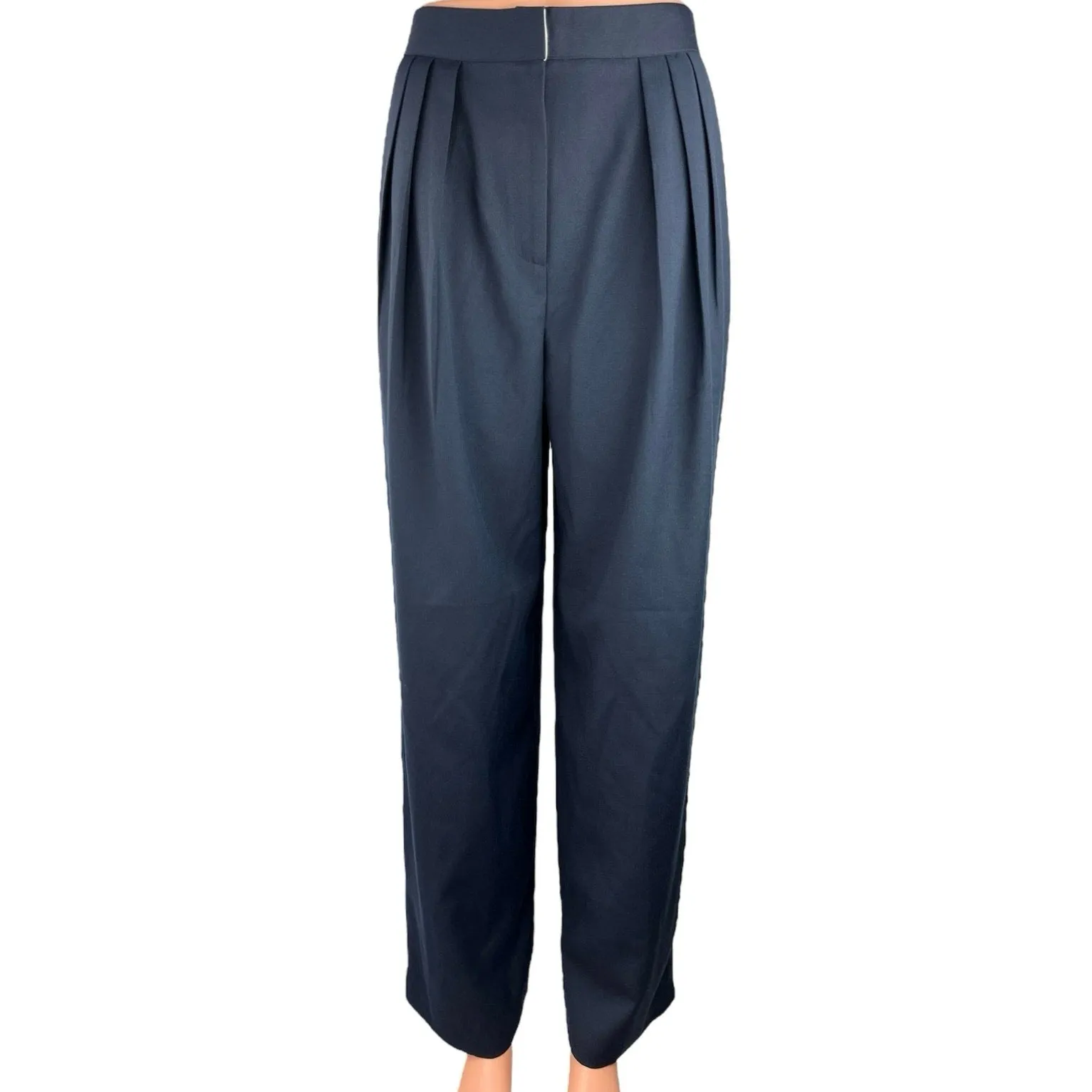 New OAK+FORT Women Blue High Rise Front Pleated Straight Leg Trouser Pants Sz S