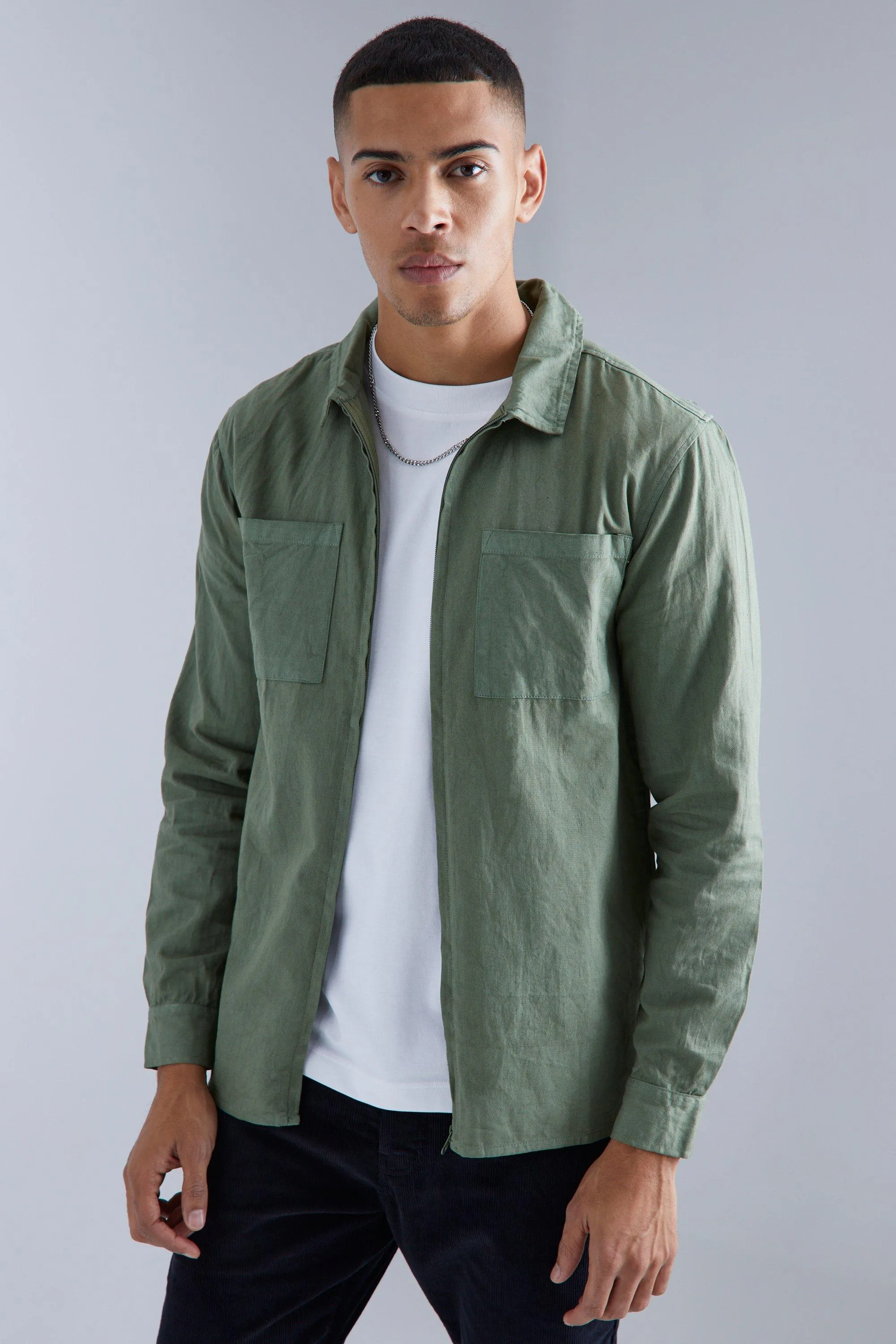 Oversized Overdyed Zip Through Pocket Shirt Jacket