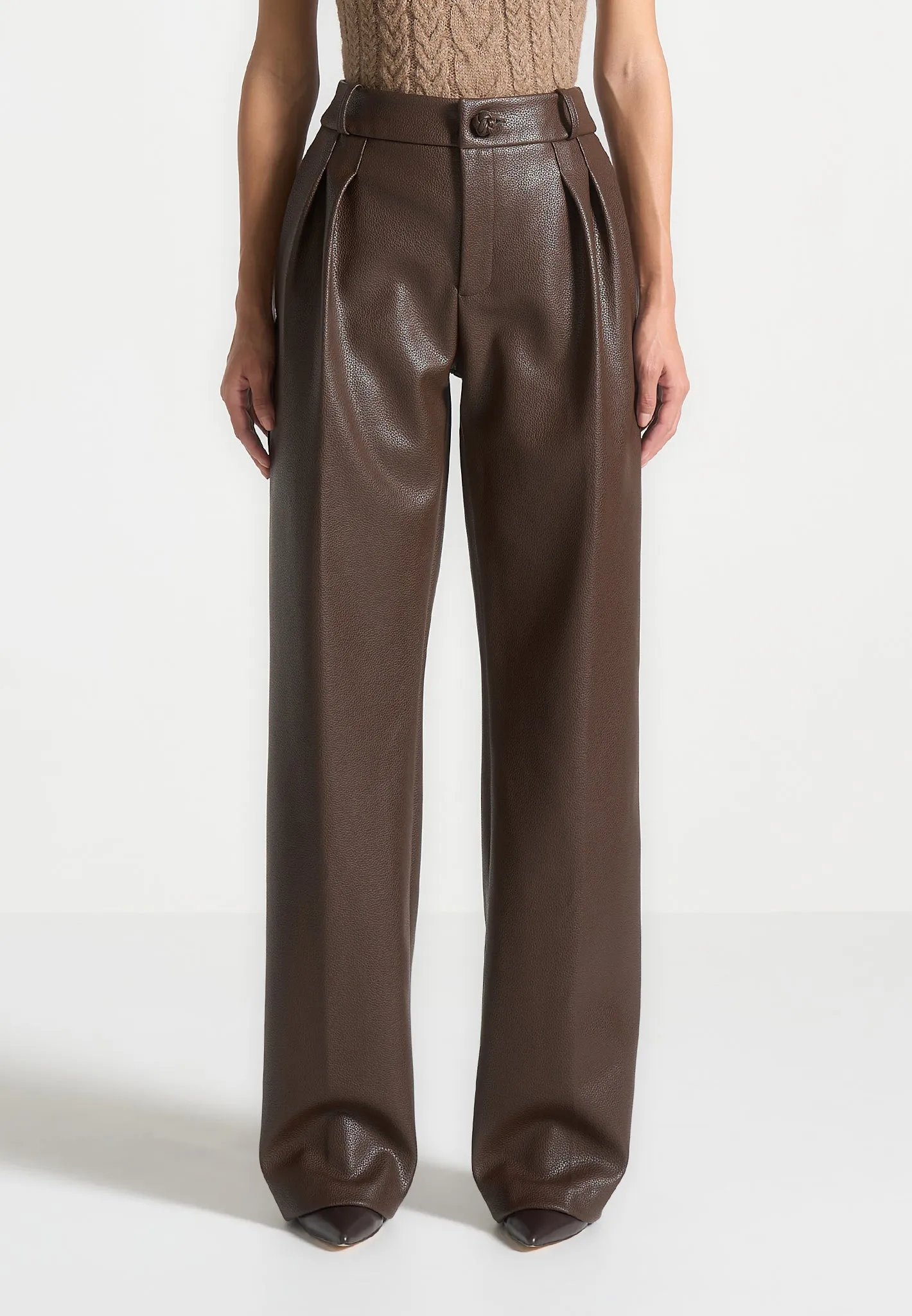 Pebbled Leather Pleated Stacked Trousers - Brown