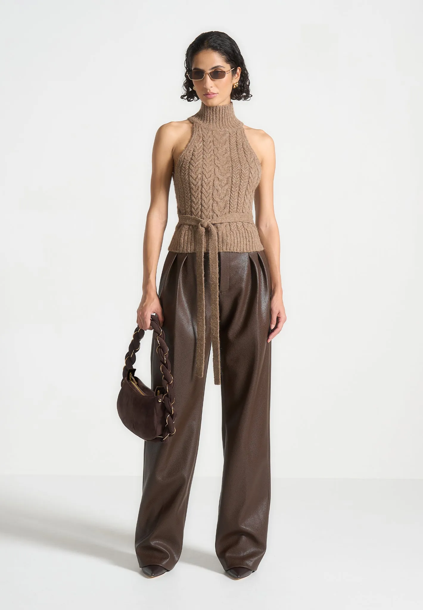 Pebbled Leather Pleated Stacked Trousers - Brown