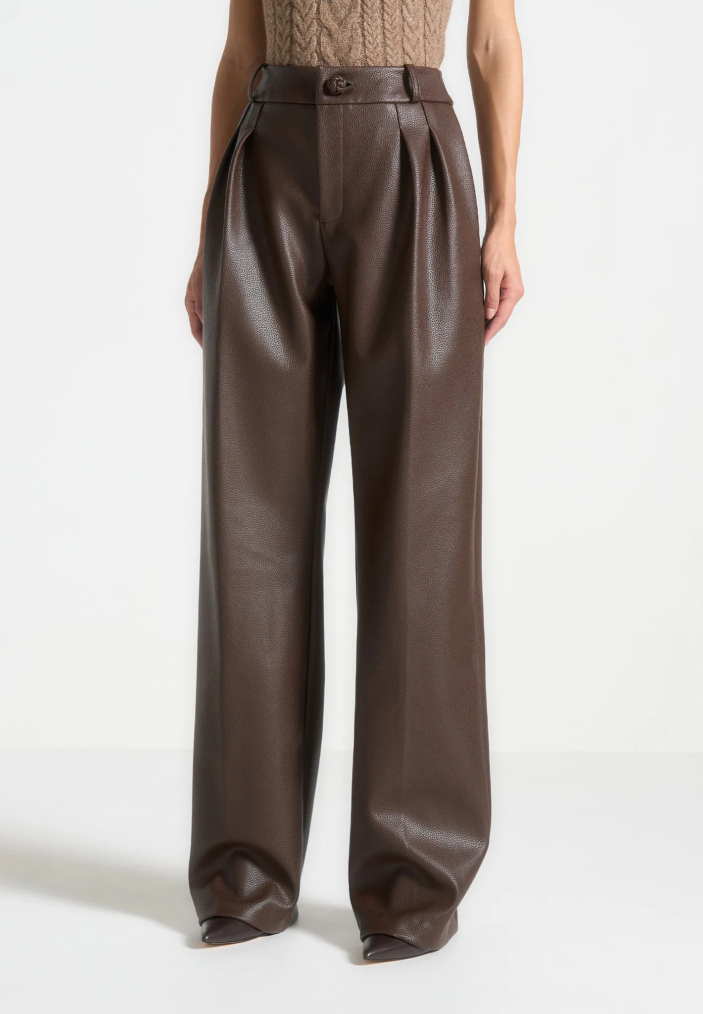 Pebbled Leather Pleated Stacked Trousers - Brown