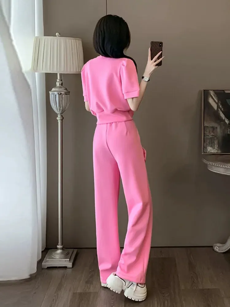 Pink internet celebrity sports and leisure suit for women, summer fashion, slim and beautiful, fashionable street short-sleeved 