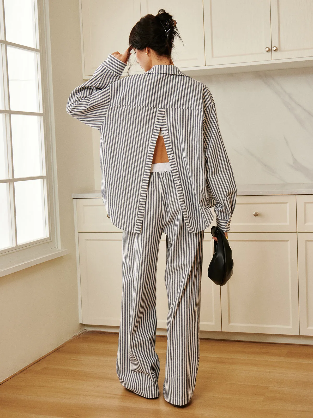 Pinstripe Contrast Binding Wide Leg Pants