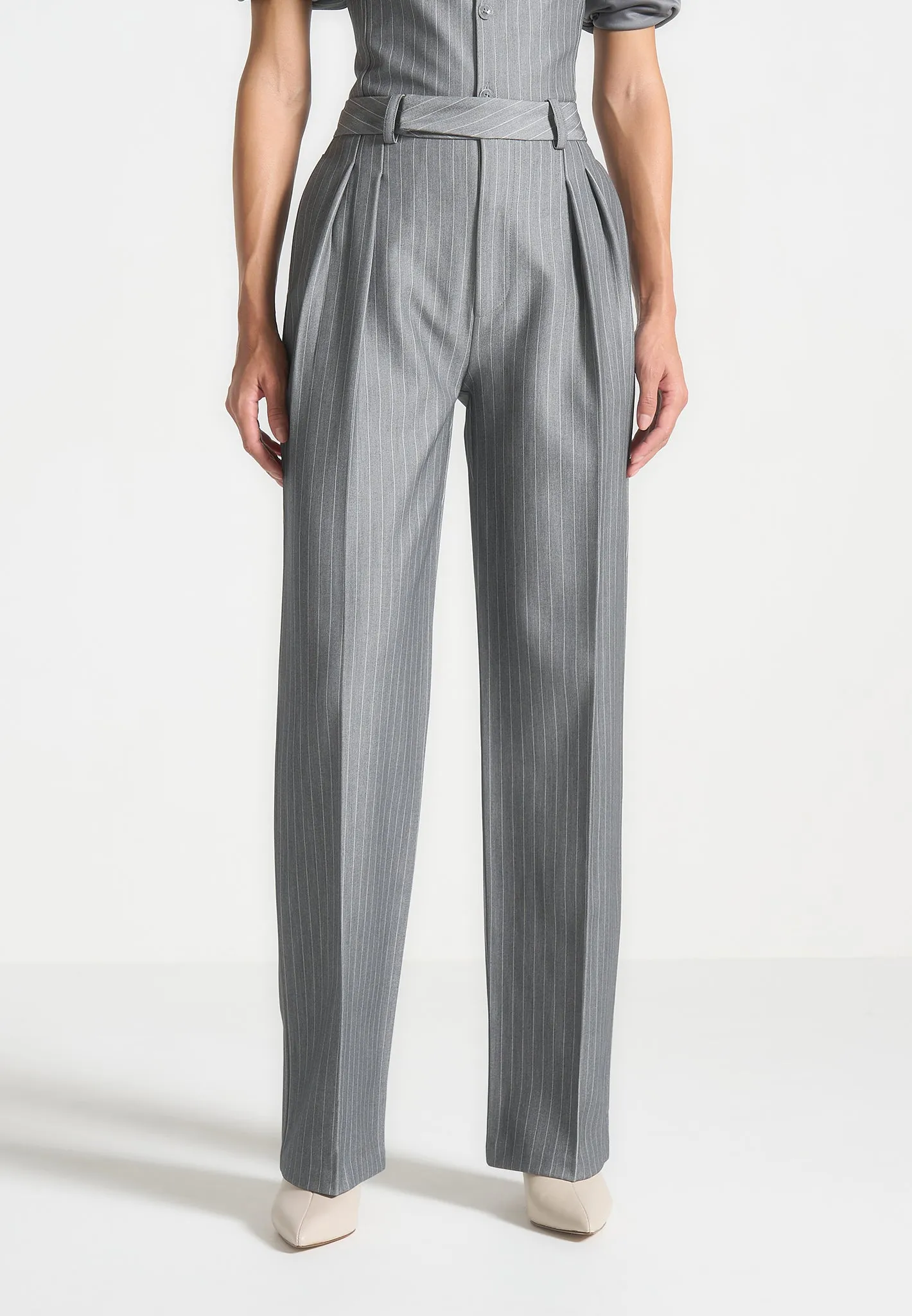 Pinstripe Twin Pleat Tailored Trousers - Grey