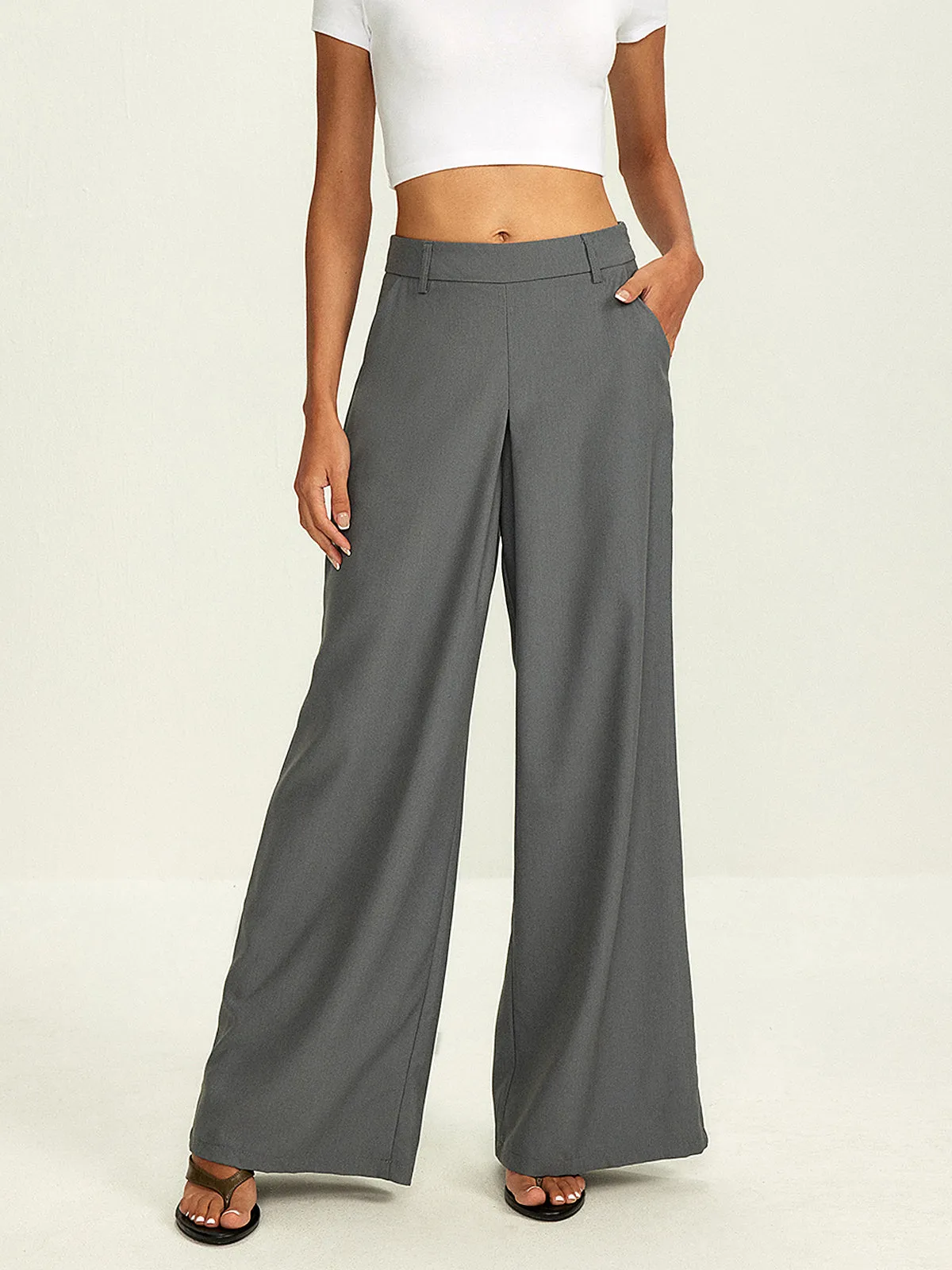 Plain Pockets Suit Wide Leg Pants