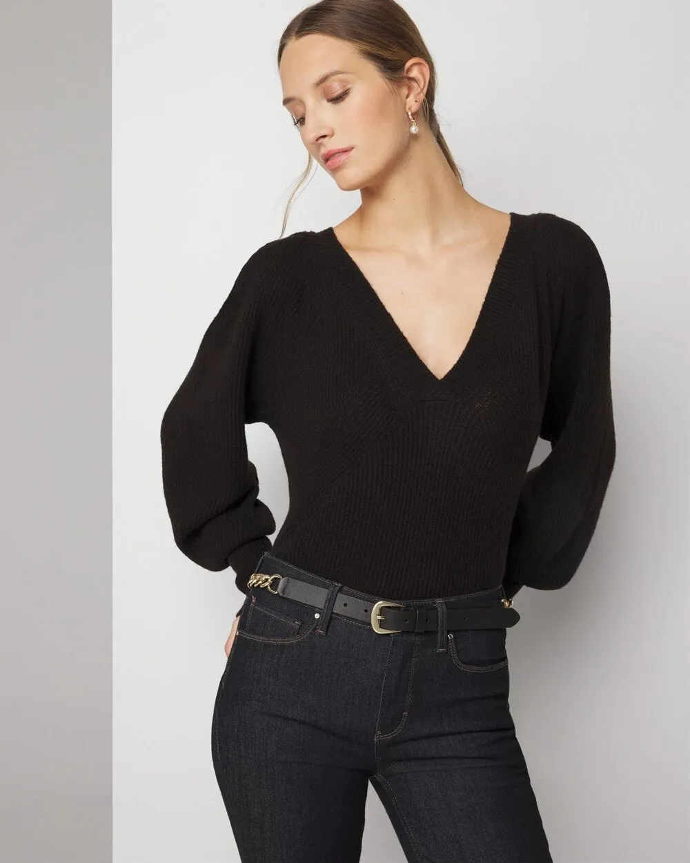 Pleated Shoulder V-Neck Pullover