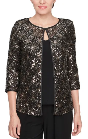 Plus 3/4 Sleeve Sequin Mock Twinset with Attached Hook Neck Jacket